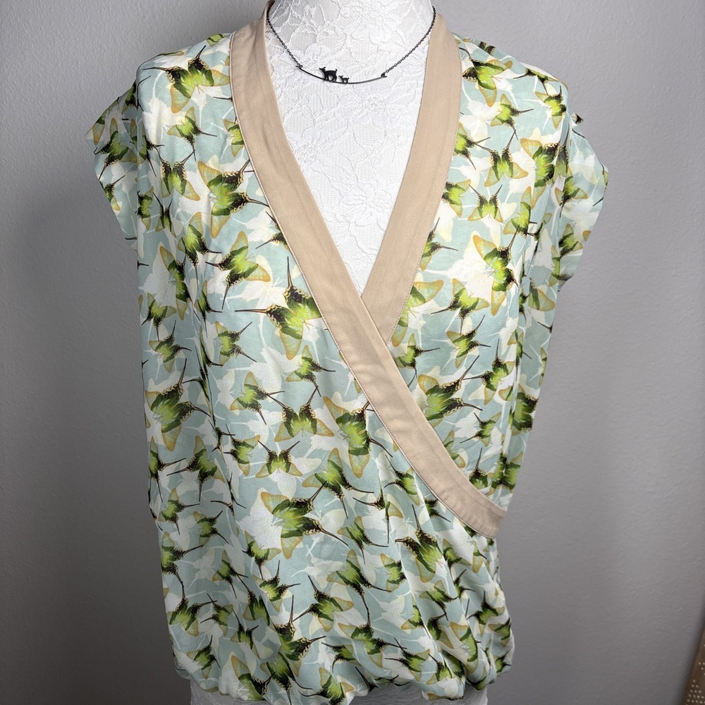 Cabi Womens M Blue Butterfly Luna Moth Blouse Whimsigore Print Polyester